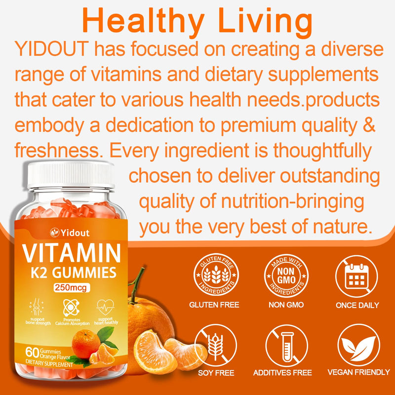 Vitamin K2 Gummies Orange Flavor, Bone & Heart Wellness Support for Adults 60 Count (Pack of 1)