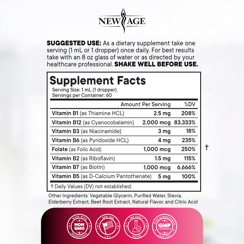 NEW AGE Vitamin B-Complex B5 Pantothenic Acid | B12 Methylcobalamin | B1 Thiamine | B6 Pyridoxine | B7 Biotin | B9 Folic | B3 Niacinamide - B Complex Liquid Drops, Made in USA Supplement - 8fl oz 2 Fl Oz (Pack of 4)