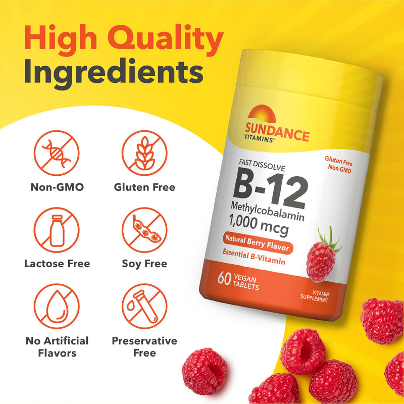 Sundance Vitamin B12 1000 mcg | As Methylcobalamin | Sublingual Fast Dissolve Tablets | Berry Flavor | Vegetarian, Non-GMO & Gluten Free Supplement 60 Count (Pack of 1)