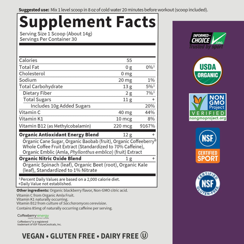 Garden of Life Sport Organic Plant Based Energy + Focus Clean Pre Workout Powder, with 85mg Caffeine, Natural No Booster, B12, Vegan, Gluten Free, Non-GMO, BlackBerry, 15.3 Oz 15.3 Ounce (Pack of 1)