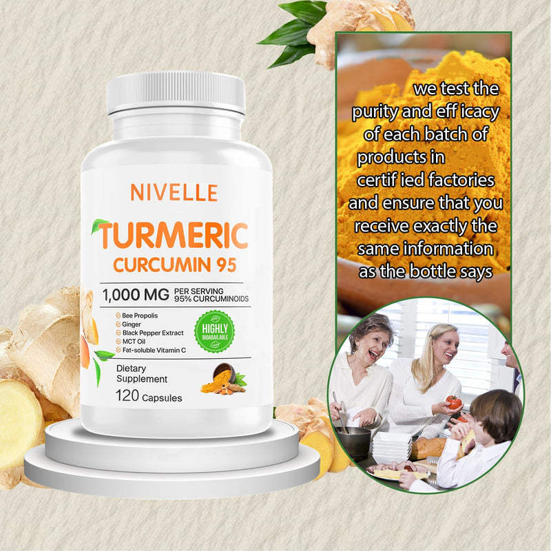 NIVELLE Turmeric Curcumin | Pure Turmeric Curcumin Supplement 1000mg | 95% Curcuminoids with Bee Propolis, Ginger, MCT Oil, Fat Soluble Vitamin C, & Black Pepper | 120 Capsules (1) 1