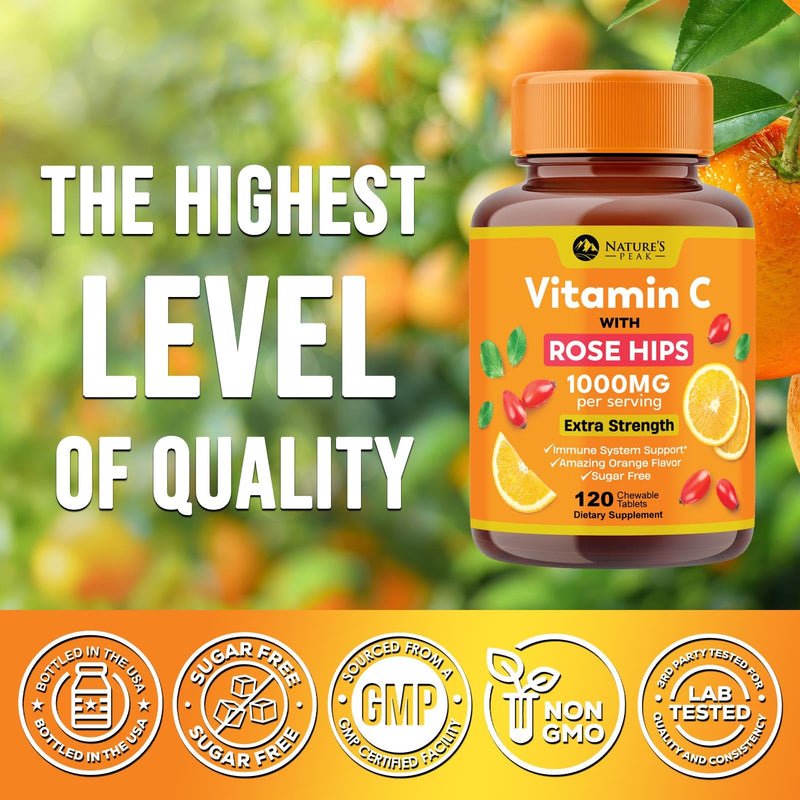 Vitamin C 1000mg Per Serving - Extra Strength Daily Immune Support with Rose Hips Chewable Supplement - Sugar Free Tasty Orange Flavor - Antioxidant & Collagen Support - USA Bottled - 120 Tablets 120 Count (Pack of 1)