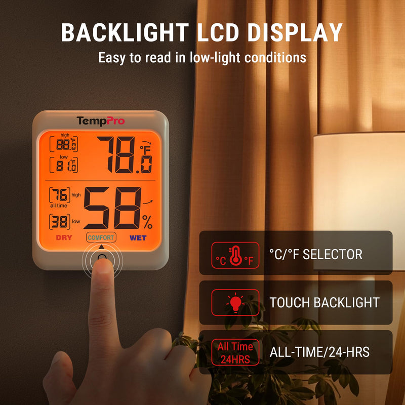 TempPro TP53 Digital Hygrometer Indoor Thermometer for Home, Temperature Humidity Sensor with Comfort Indicator & Max Min Records, Backlit Display Room Thermometer Humidity Meter(Previously ThermoPro) 1 - BeesActive Australia
