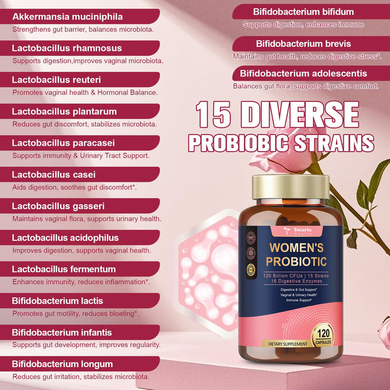 Totaria (2 Packs) Probiotics for Women, 120 Billion Women Probiotic, Digestive Enzymes & Prebiotics, with Akkermansia, Cranberry, D-Mannose, for Gut, Urinary, Immune, PH Balance, 240 Vegan Capules 120 Count (Pack of 2)
