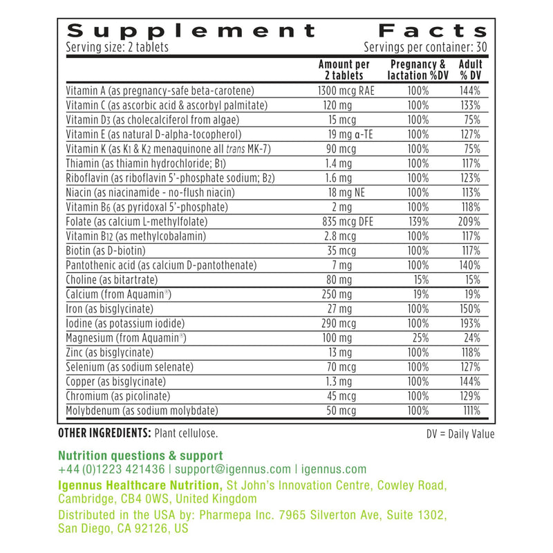 Igennus Methylated Prenatal Multivitamin, Folate for MTHFR, Pure & Clean | Choline & Gentle Iron, High Absorption Prenatal Vitamins for Women with Calcium & Magnesium, Vegan, Halal, 60 Tablets 60 Count (Pack of 1)
