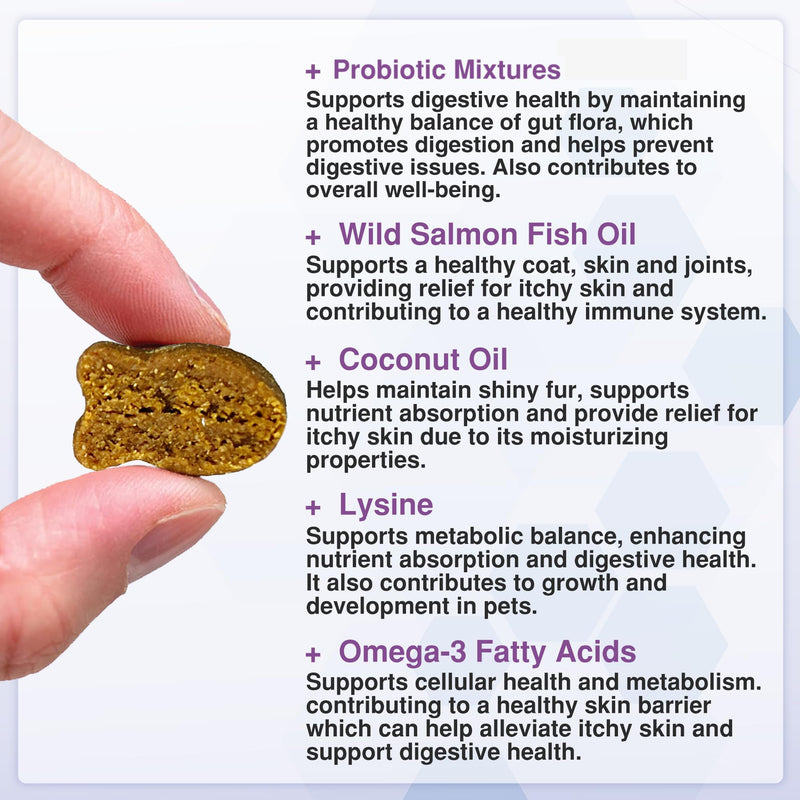 Probiotics for Cats with Lysine, Omega 3 Fish Oil & Vitamins | Cat Treats for Itchy Skin, Allergies and Flea Treatment | Digestive Health & Immune Support | Cat Food Supplements (120 Count) 160 Count