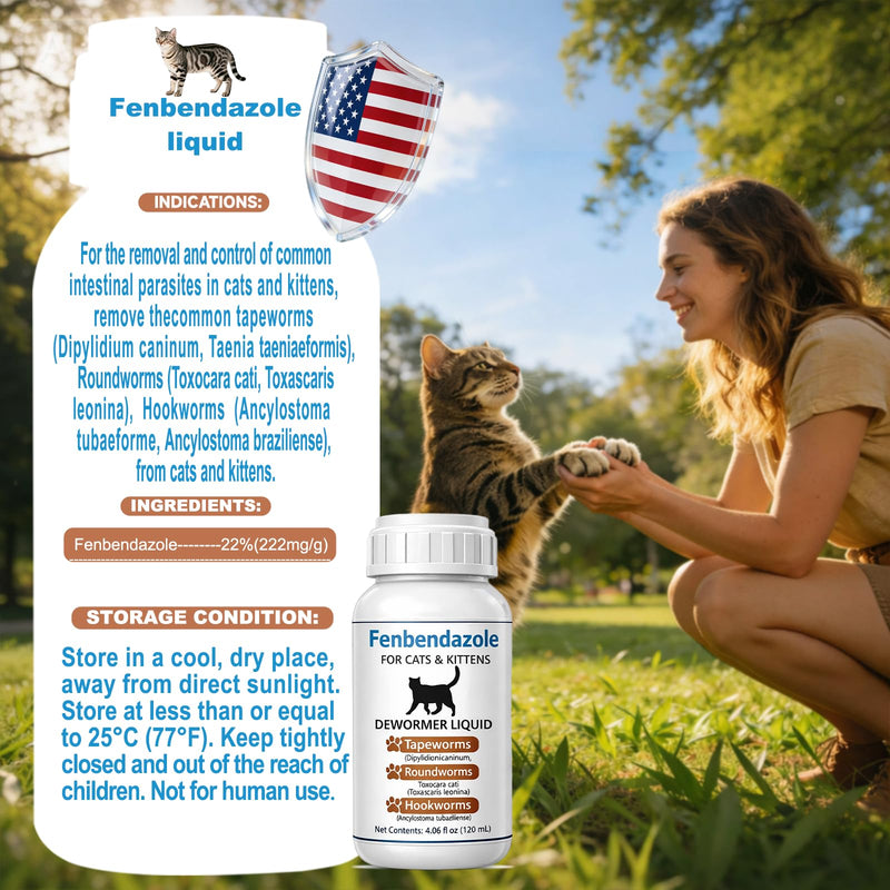 Cat Dewormer for Cats – Fenbendazole Liquid Broad Spectrum Wormer for Tapeworms, Roundworms & Hookworms, 120 mL (4.2 fl oz)