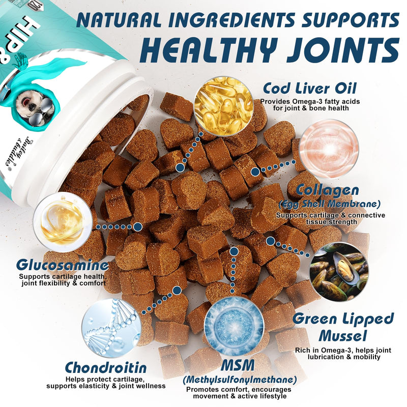 Bailey & Buddies Hip and Joint Supplement for Dogs, 120 Soft Chews with Glucosamine, Chondroitin, MSM and Green-Lipped Mussel, Joint Support for Senior Dogs and All Breeds - Chicken Flavor