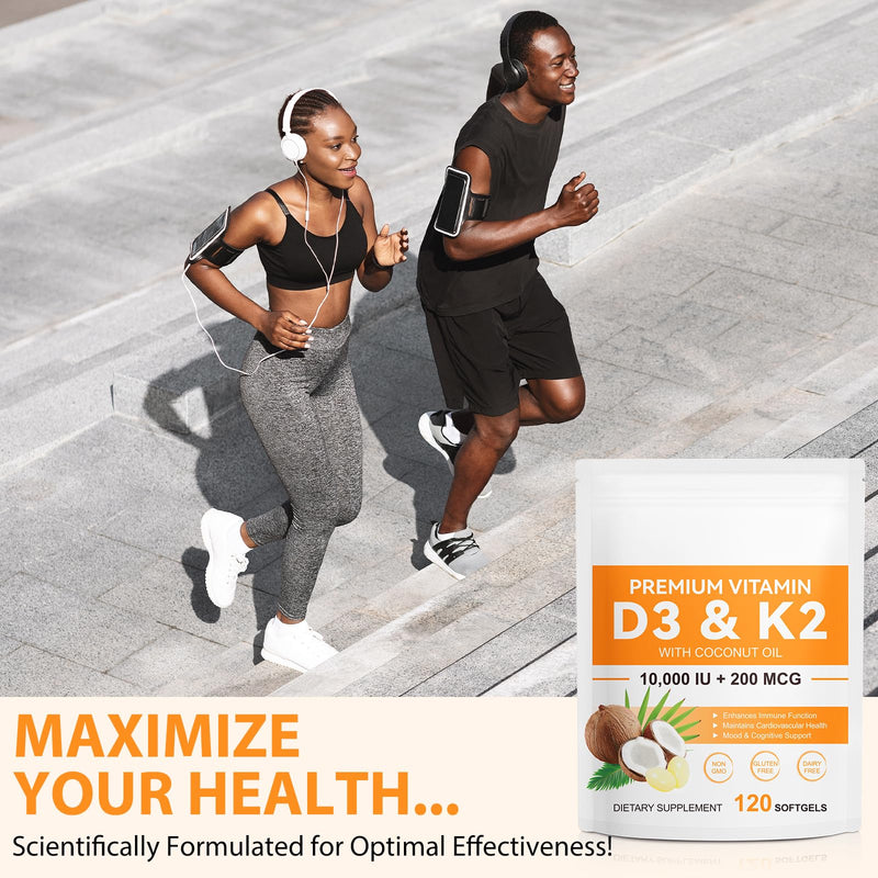 flasture Vitamin D3 K2 Supplement Softgels, 10000 IU VIT D3 + 200 MCG K2 (MK-7) | 2-in-1 Replenish Formula with Coconut Oil, Supports in Calcium Absorption, Easy to Swallow 120 Capsules. 1 Count (Pack of 120)