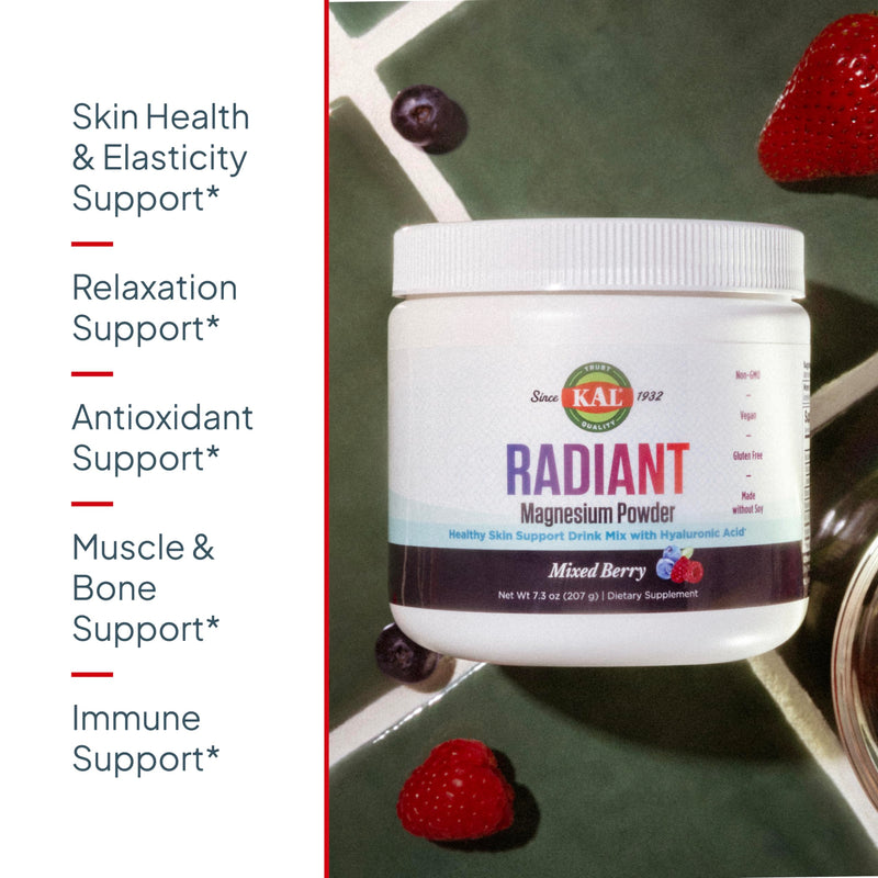 KAL Radiant Magnesium Powder, Mixed Berry, 7.3 oz | Skin, Antioxidant & Relaxation Support, Magnesium Citrate, Hyaluronic Acid, Vitamin C, 60 Servings, Sugar Free & Lab Verified