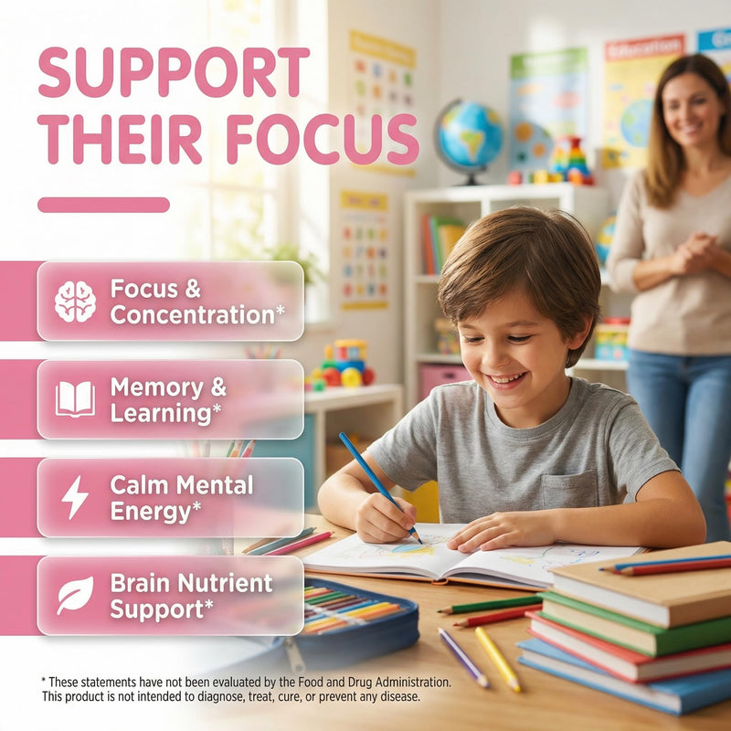 Clean Nutra Kids Focus Gummies with L-Theanine, Ginkgo Biloba, Omega-3 Fish Oil, L-Tyrosine, Vitamin B6, B12-60 Count, Clean Label, Non-GMO, Vegan-Friendly SmartyPop Formula for Kids Support