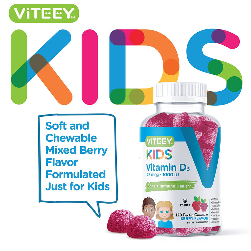 Viteey Vitamin D3 Kids Gummies 25mcg 1000 IU -Tasty Chewable Berry Flavored | Bone Health, Immune Health, Joint Muscle Support - Vegetarian, Gelatin Free, Gluten Free, GMO Free - 120 Count 120 Count (Pack of 1)