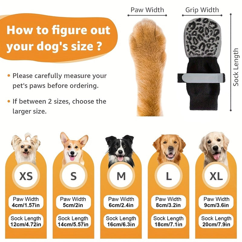 Double Side Non Slip Dog Socks to Prevent Licking Paws, Dog Shoes for Winter Cold Hot Pavement Dog Booties, Night Reflection Paw Protectors for Hardwood Floors Traction Control Indoor 4 pack of Black Socks with Leopard anti-slip strip - BeesActive Australia