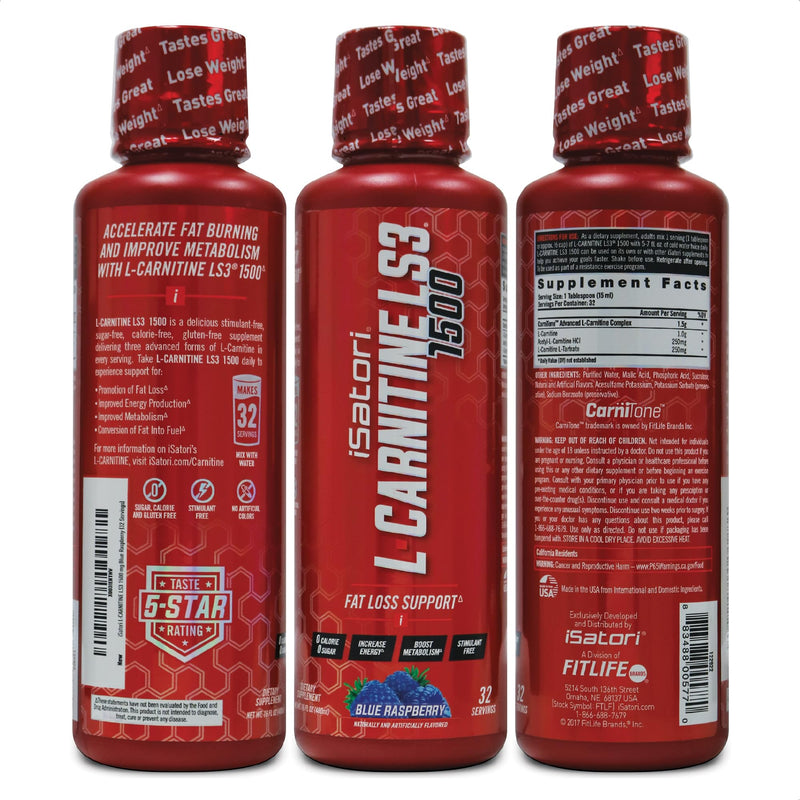 iSatori L-Carnitine LS3 1500, Triple-Blend Liquid L Carnitine Supplement, with Acetyl & Tartrate, Stimulant Free Energy, Low Calories, Sugar or Gluten, Keto-Friendly, Blue Raspberry (32 Servings)