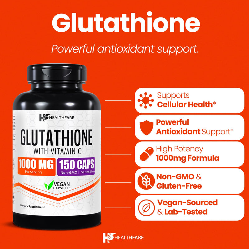 Glutathione Supplement 1000mg | Reduced GSH Antioxidant | 98%+ Highly Purified | 150 Vegan Capsules | Immune & Detox Support | Non-GMO, Gluten-Free | Made in USA 150 Count (Pack of 1)
