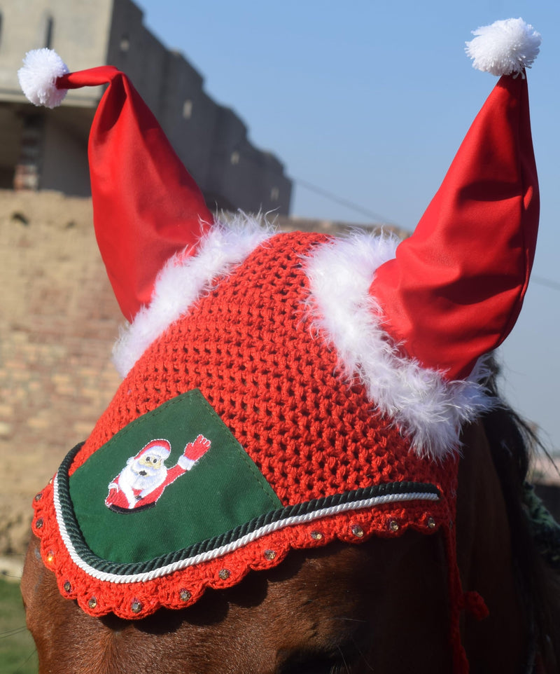 Santa Claus Christmas Horse Fly Bonnet Net Hat Hood Mask Fly Veil Full Hand Made Cotton Full (Red, Pony) Red - BeesActive Australia