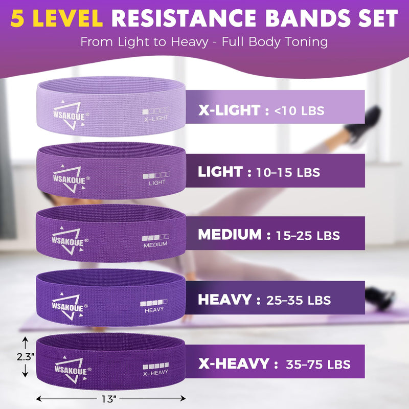 WSAKOUE Fabric Resistance Bands for Working Out – 5 Booty Bands for Women & Men, Exercise Workout Bands for Legs, HIPS & Glutes – Ideal for Home Fitness, Yoga, Pilates & Rehab Purple