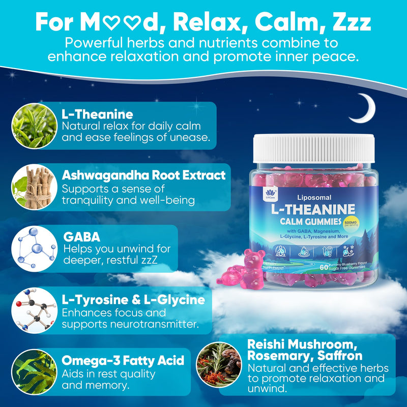 L Theanine Calm Gummies 500mg + Saffron + Magnesium Glycinate + GABA,120Cts | Sugar-Free Liposomal L-Theanine Supplement, w/Ashwagandha, Algae Omega-3, Vitamin D3 B12, for Brain Calm, Relax, Mood, Zzz 60 Count (Pack of 2)