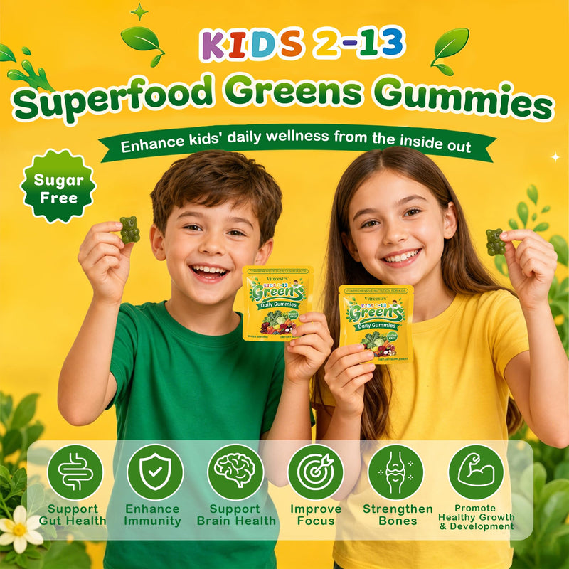 Greens Daily Gummies for Kids, Sugar Free Super Greens Gummies Kids Superfood Multivitamin Gummies with Fruits, Veggies, Alfalfa, Spirulina, Adaptogens, Prebiotic Fiber for Digestive Health, 90 Count