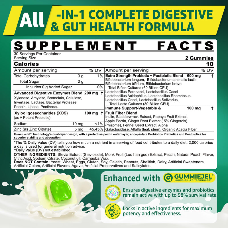 2Pack Digestive Enzymes Gummies for Women & Men, Multi-Enzymes with 90Billion CFU Probiotics and Prebiotics & Postbiotic, Vegetable & Fruit Fiber Blend, Super Enzymes for Digestive & Gut Health,Immune 60 Count (Pack of 2)