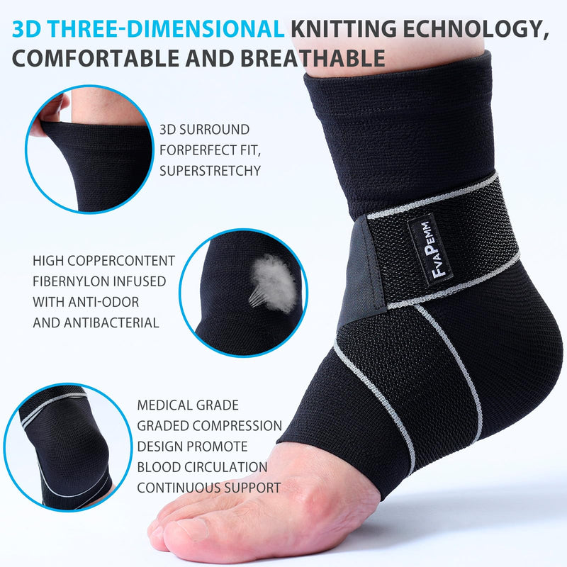 Ankle Brace for Women Men-2 Pack Copper Ankle Compression Sleeve Support for Sprained Ankle, Plantar Fasciitis Relief & Achilles Tendonitis Brace, Sports, Running, Black, L Black, Copper Infused Ankle Brace for Women Men