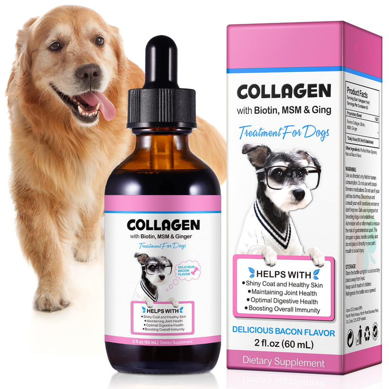 AL'lVER Collagen for Dogs Liquid Drops – Daily Dog Supplement with Biotin, MSM & Ginger – Supports Joints, Skin & Coat Health, Relieves Itchy Skin – Bacon Flavour, 2 Fl.oz
