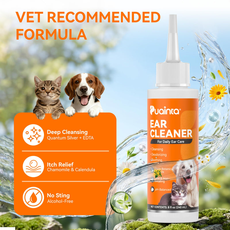 PUAINTA Dog Ear Cleaner Solution - Alcohol-Free Ear Wash with Quantum Silver & Witch Hazel - Soothes Itch, Removes Wax & Odor - Gentle Daily Flush for Dogs & Cats (8 oz) 8oz
