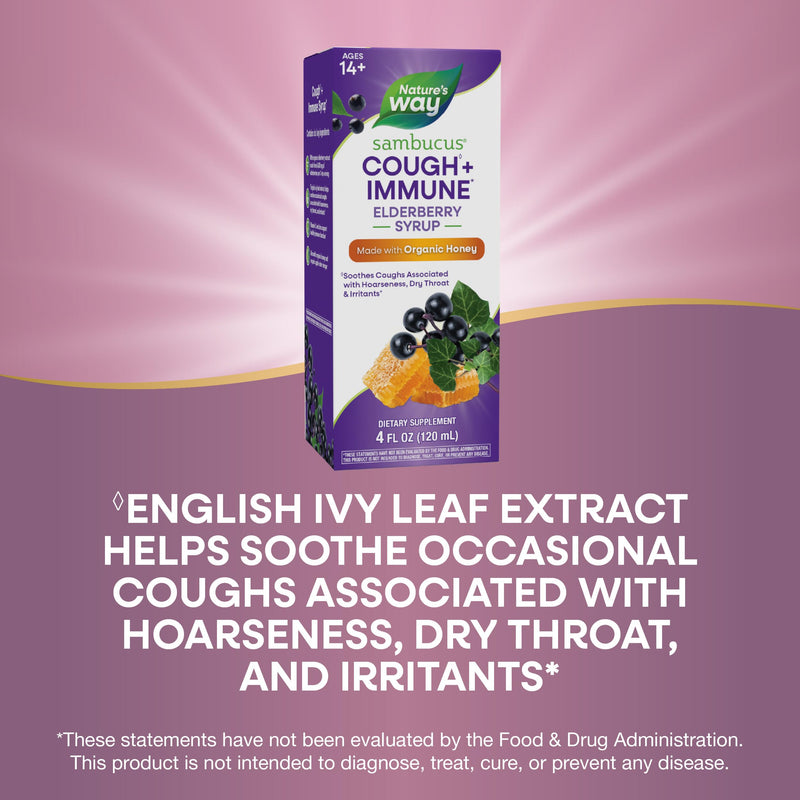 Nature's Way Sambucus Cough + Immune* Elderberry Syrup, Honey, 4 Fl Oz | 4 Fl Oz, Soothes Coughs Associated with Hoarseness, Dry Throat, and Irritants* Vitamin C, Zinc, Organic Honey