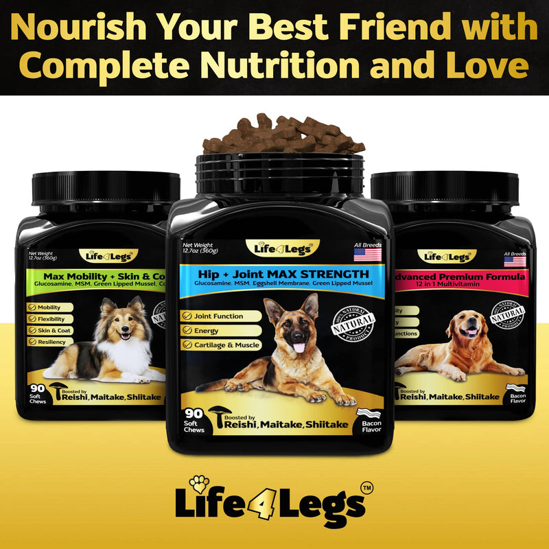 Soft Chews Hip and Joint Supplement for Dogs - Dog Joint Pain Relief Treats - Glucosamine, Chondroitin, Turmeric - Mobility Bites Supplement Hip and Joint Max Strength Bacon - 90 Soft Chews - BeesActive Australia