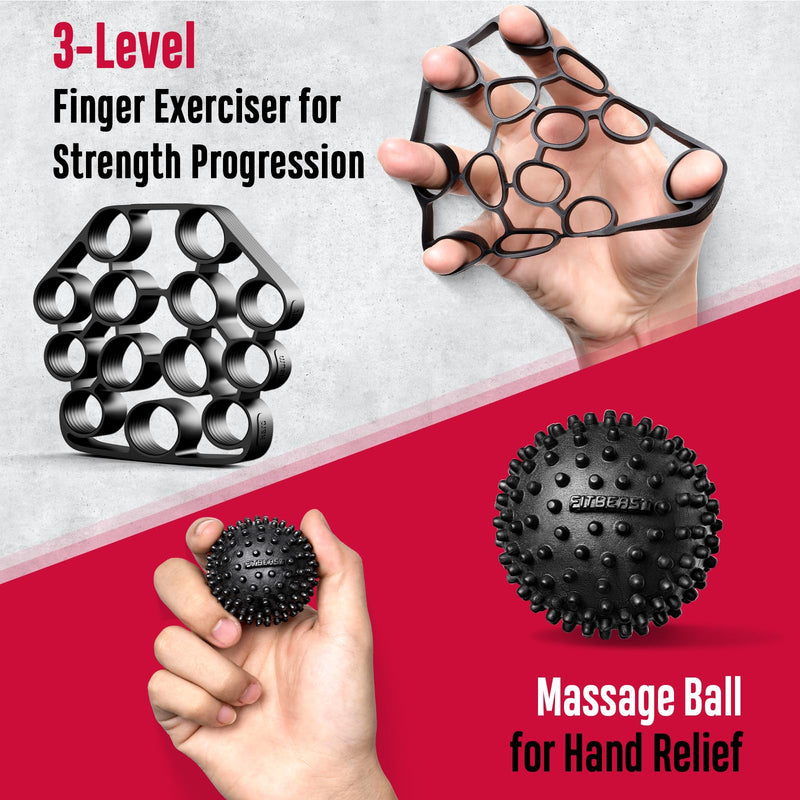FitBeast Grip Strength Trainer, Hand Gripper Strengthener Kit - 6 Pack with Adjustable Resistance Forearm Strengthener, Forearm Exerciser and Massage Balls for Hand Therapy, Grip Training Black