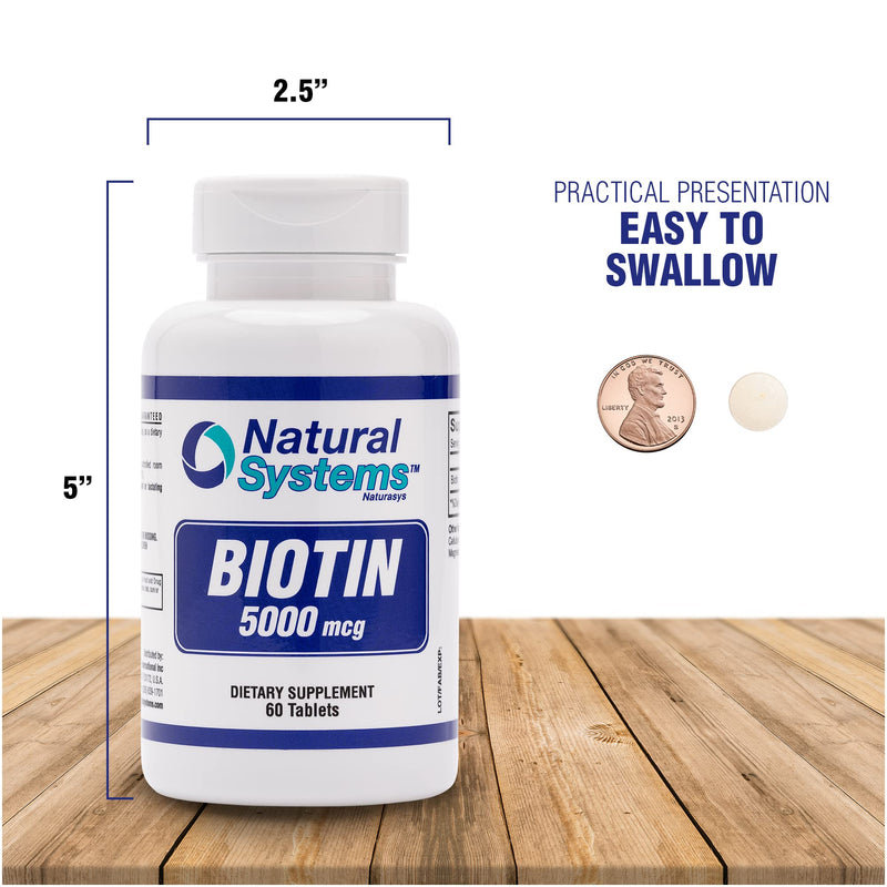 Biotin 60 Tablets 5000 mcg by Natural Systems | Biotin Hair Growth Support Pills | Hair Skin Nails Vitamins for Men and Women | Supplement Improves Cell Growth
