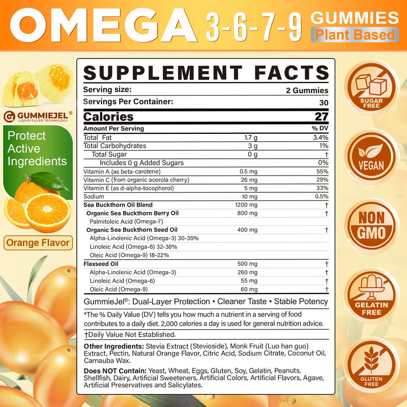 Omega 3-6-7-9 Gummies, Sea Buckthorn Oil 1200MG & Flaxseed Oil 500MG, 60 Ct | Organic Omega 7 Supplement w/Vitamin A, C, E, Fatty Acids, No Fish Taste, Supports Skin, Eye, Immune, Brain Health, Vegan 60 Count (Pack of 1)