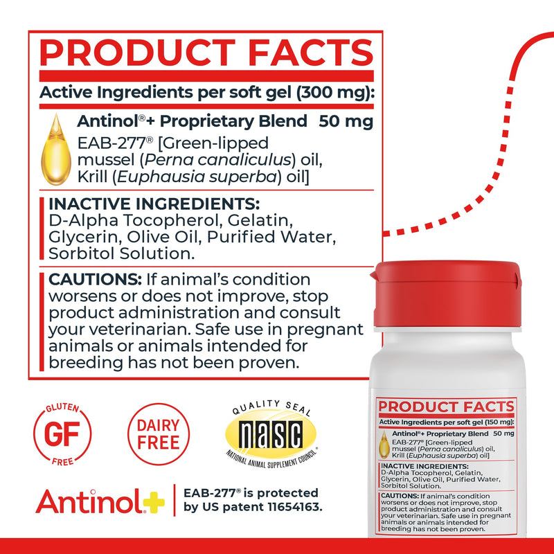 Antinol Plus, Mobility, Hip, and Joint Supplement for Cats, Green-Lipped Mussels and Krill Oil - Cat Joint Supplement, 30 Soft Gels 30 Count