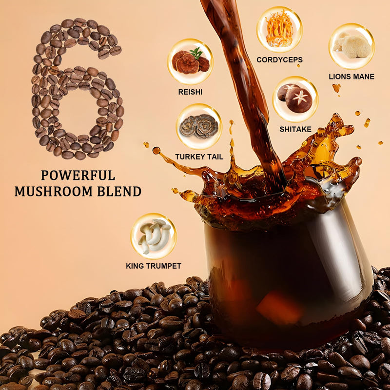 Mushroom Coffee, Adaptogenic 6 Mushrooms with Lion's Mane, Reishi, Cordyceps, Shiitake, King Trumpet & Turkey Tail, Instant Coffee Powder for Energy, Digestion & Immune Support, 30 Servings 6.35 Ounce (Pack of 1)