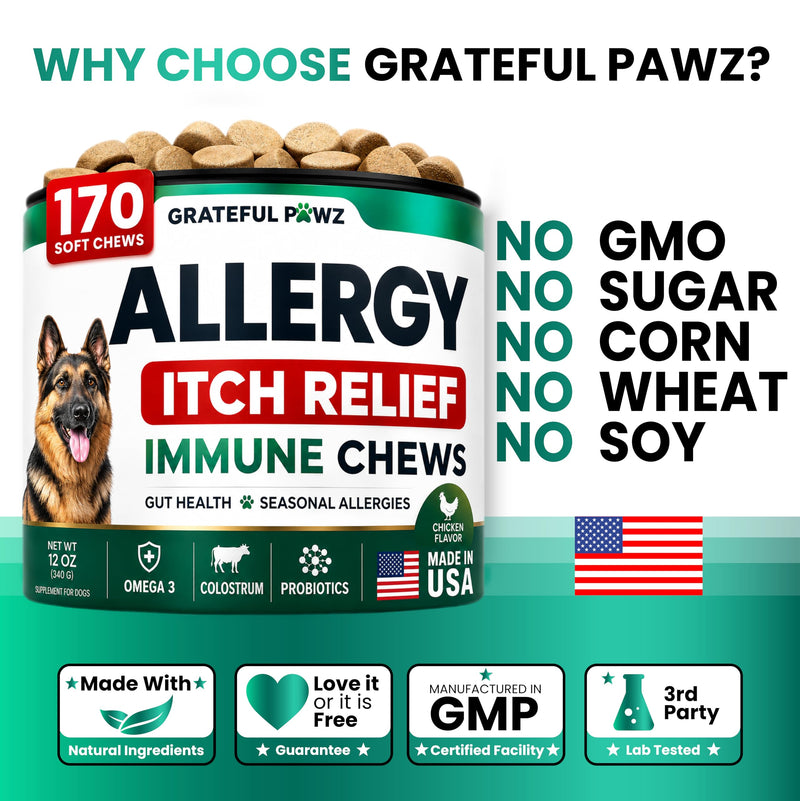 Dog Allergy Chews - Dog Allergy Relief - 170 Treats with Probiotics and Colostrum for Itchy Skin Relief to Support Seasonal Allergy and Healthy Immune System - All Natural Anti-Histamine - Made in USA Allergy&Itch Relief