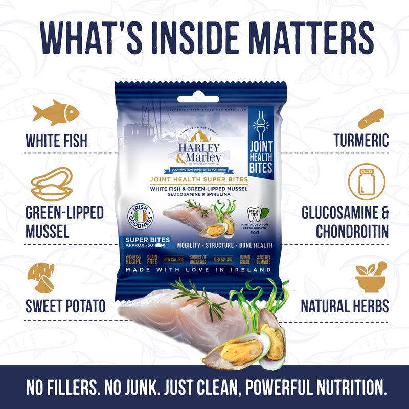 Harley & Marley Joint Health Super Bites for Dogs - Joint Supplements with Glucosamine, Green-Lipped Mussel & Spirulina - Hip & Joint Care & Arthritis Pain Relief for Senior Dogs - 4pk (50/pk) Pack of 4