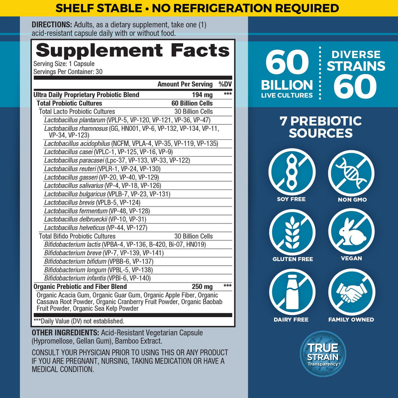 Vital Planet - Vital Flora Ultra Daily Probiotic 60 Billion CFU, 60 Diverse Strains, 7 Organic Prebiotics, Immune Support, Digestive Health Shelf Stable Probiotics for Women and Men 30 Capsules