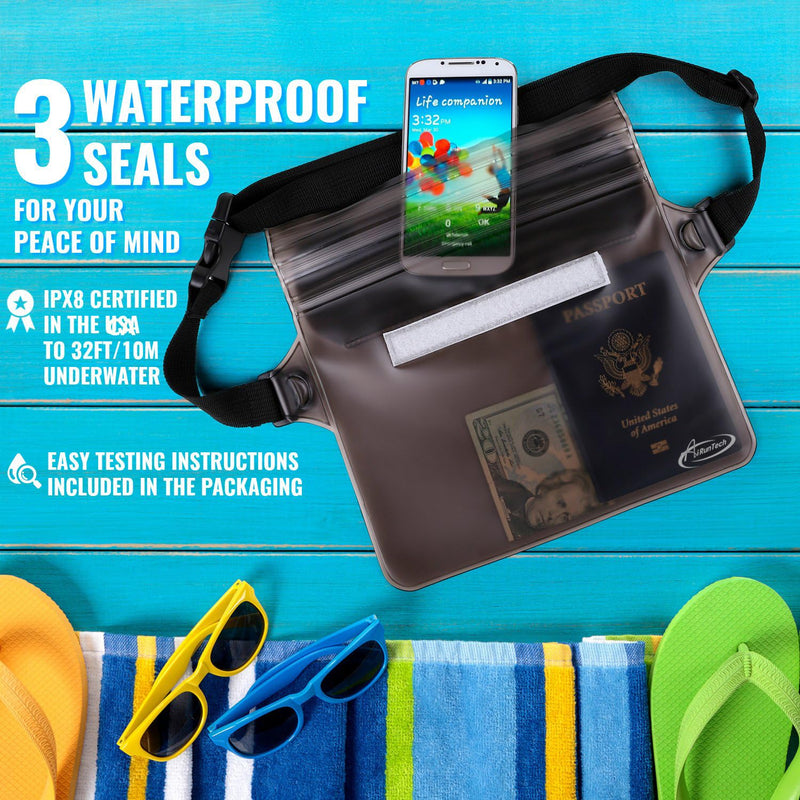AiRunTech Waterproof Fanny Pack, Beach Cruise Vacation Essentials, Waterproof Pouch Protect Phone Passport Valuables Dry Safety, Paddle Board Kayaking Boating Swimming Accessories-2 Pack（Gray + Black） Black+Grey
