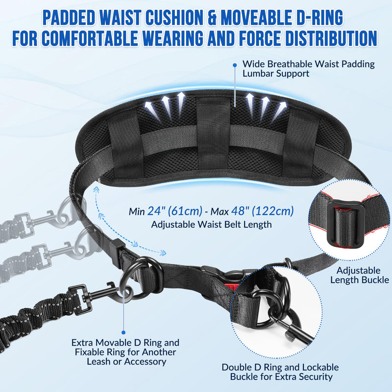 AUTOWT Hands Free Dog Leash for 2 Dogs, Adjustable Waist Belt with Zipper Pouch, Dual Handle Retractable Elastic Bungee with Reflective Stitches for Medium and Large Dogs Training Running 2 Leashes
