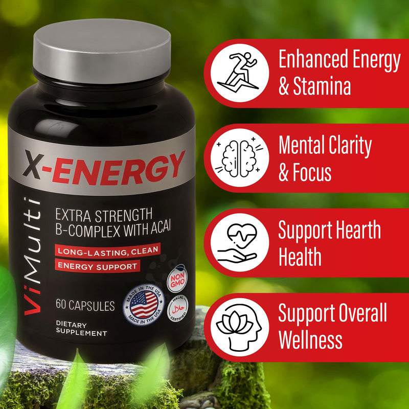 ViMulti X-Energy B Complex with Acai Dietary Supplement - 60 Capsules | For Your Energy Metabolism, Plant Based Formula, B-Complex Vitamins, Folate, Caffeine, Taurine, Magnesium, Ginseng, Rhodiola