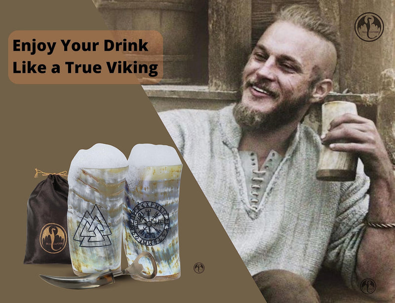 Viking Drinking Horn Cups Set of 2 with Bottle Opener | 8oz Handcrafted Natural Ox Horn Tumblers | Engraved Compass & Valknut | Food Safe | Viking Chirstmas Gifts for Men&Women - BeesActive Australia