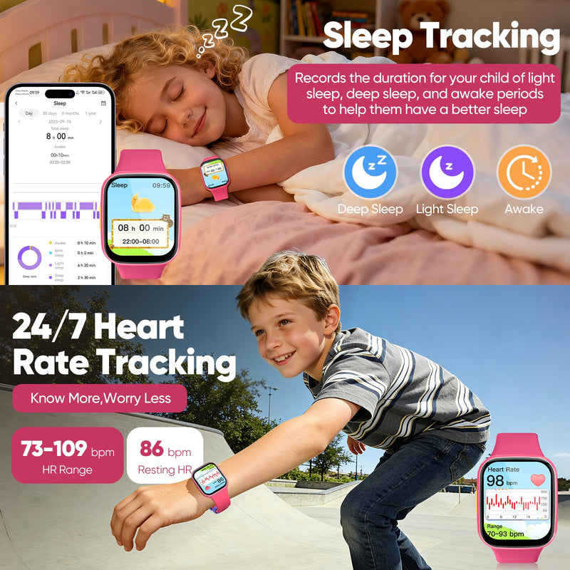Smart Watch for Kids No APP/Phone Needed, HD Touch Screen Fitness Tracker with Heart Rate, Sleep Monitor, IP68 Waterproof Smartwatches with Pedometer, Alarm Clock, Gifts for Kids Ages 4-12 (Pink) Pink