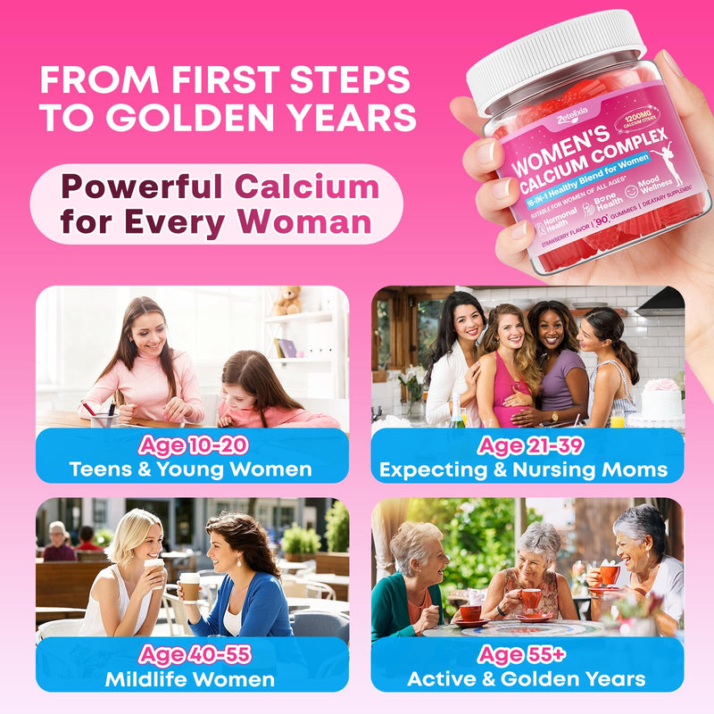 Calcium Gummies for Women, Calcium Citrate 1200mg with Vitamin D3 K2, Collagen & Biotin, B0ne, Teeth, Immune & Hormone Support, Sugar Free, Non-GMO, Gluten-Free, Strawberry Flavor, 90 Count 90 Count (Pack of 1)
