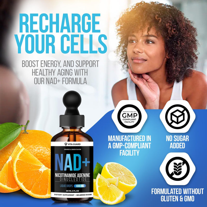 Vita Guard Pure NAD+ Liquid Drops 1000mg | Nicotinamide Adenine Formula | Vegan, Non-GMO | Natural Lemon & Orange Flavor | Dietary Supplement for Women & Men