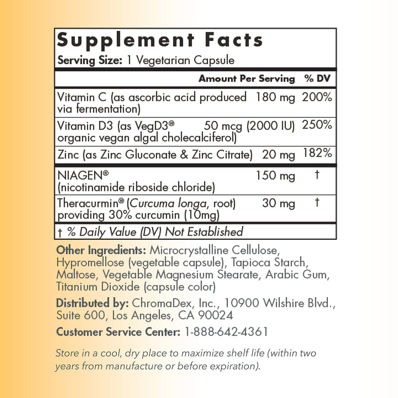 TRU NIAGEN Immune Support Supplement - Daily Defense - Vitamin C from Fermentation, Vegan Vitamin D3 2000 IU, Zinc, Plus Theracurmin (Curcumin) + Multi Award-Winning NAD Boosting Niagen 150mg 30ct 30 Servings (Pack of 1)