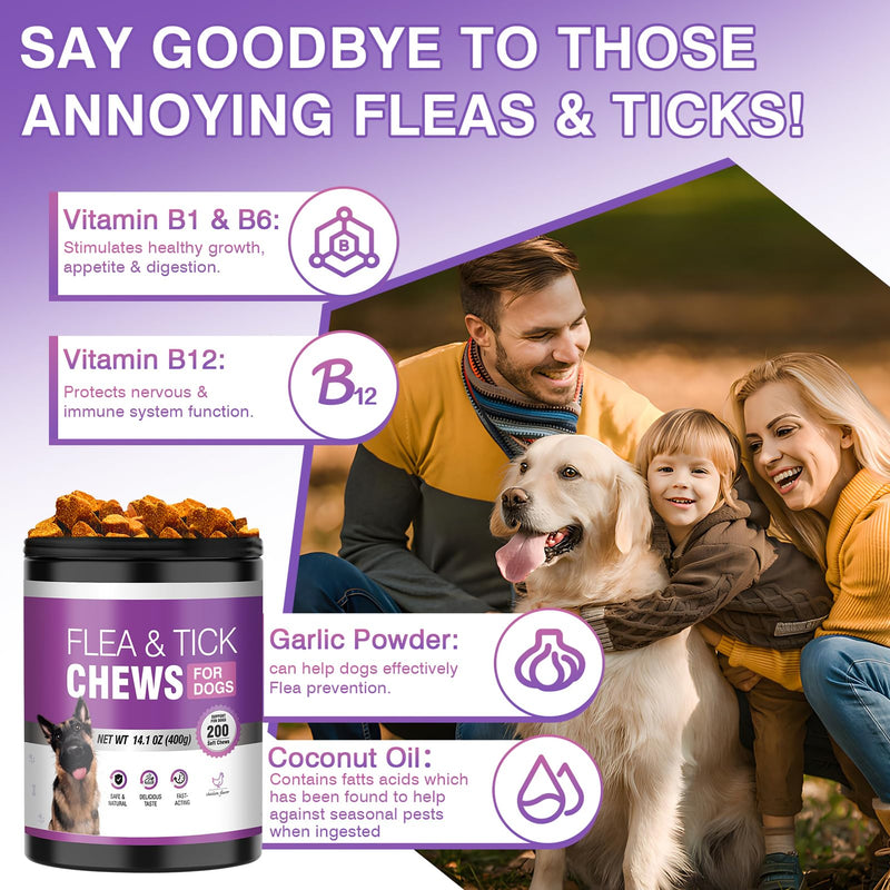 Dog Flea and Tick Chewable Tablets 200 Soft Chews Oral Supplement Chicken Flavor for Dogs All Breeds Sizes Ages Supports Skin Comfort and Daily Wellness Easy to Chew and Use for Routine Care