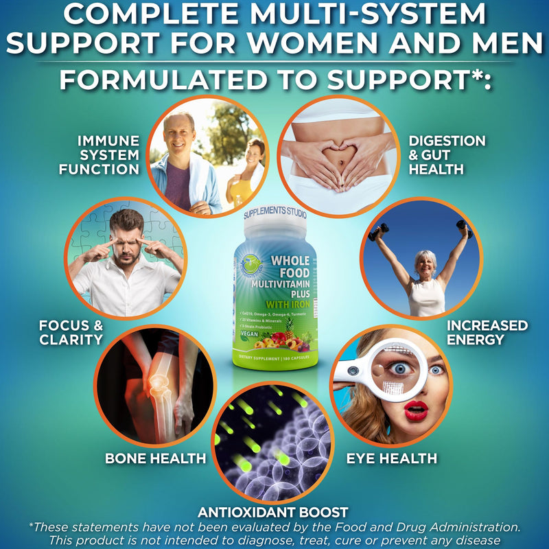 Vegan Whole Food Daily Multivitamin with Iron, Methylated Multivitamin for Women and Men, Made with Fruits & Vegetables, B-Complex, Probiotics, Enzymes, CoQ10, Omegas, Turmeric, Non-GMO, 180 Count 180 Count (Pack of 1) Unisex Multivitamin With Iron