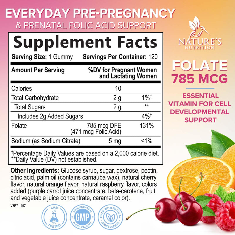 Folic Acid Gummies - Essential Prenatal Vitamins for Women - Daily Folate Vitamin B9 for Mom & Baby Development Support - Before During & After Pregnancy, Natural Orange & Cherry Flavor - 120 Gummies 120 Count (Pack of 1)