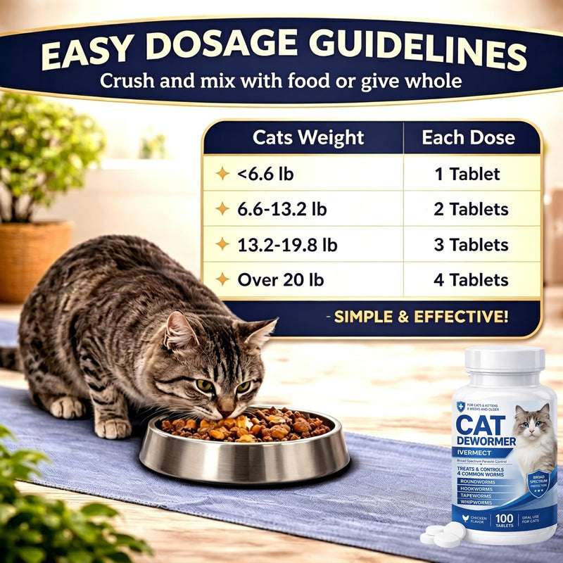 Cat Dewormer, Dewormer for Cats & Kittens, Broad Spectrum Tablets for Tapeworms, Roundworms & Hookworms, Promotes Digestive Comfort & Daily Balance, 100 Tablets