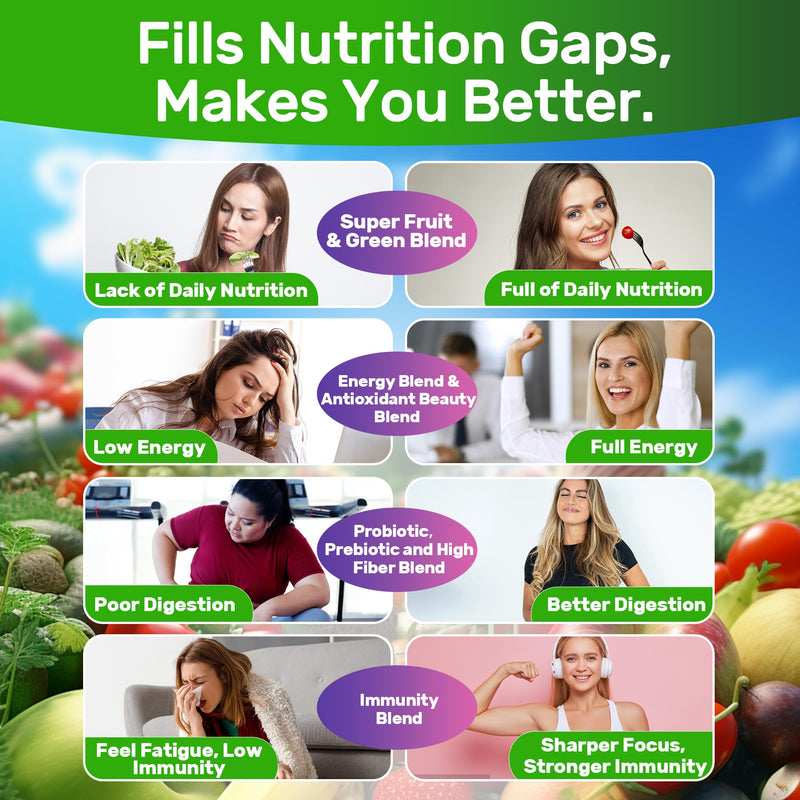 Super Greens Multivitamin Gummies, w/Spirulina, Chlorella, Multivitamins | Greens Superfood Gummies + Prebiotic Fiber, Adaptogens, Adults Vitamins for Gut Health, Immunity, Focus & Energy, 60Cts 60 Count (Pack of 1)